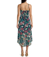 I.N. San Francisco Floral Print Sweetheart Bustier Wrap Hi-Low Midi Dress