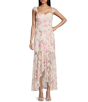 I.N. San Francisco Floral Print Sweetheart Neck Flutter Sleeve Wrap High-Low Dress