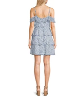 I.N. San Francisco Floral V-Neck Off The Shoulder Flutter Sleeve Triple Tiered Dress