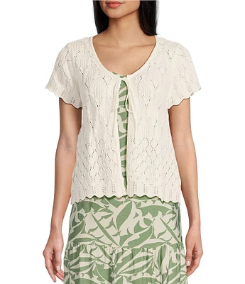 I.N. San Francisco Pointelle Scallop Edge Round Neck Short Sleeve Tie Front Sweater
