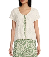 I.N. San Francisco Pointelle Scallop Edge Round Neck Short Sleeve Tie Front Sweater