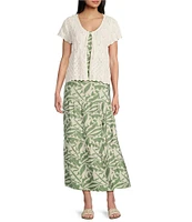 I.N. San Francisco Pointelle Scallop Edge Round Neck Short Sleeve Tie Front Sweater