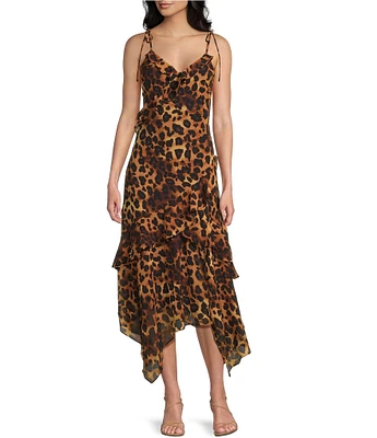 I.N. San Francisco Printed Ruffle V-Neck Maxi Asymmetrical Hem Slip Dress