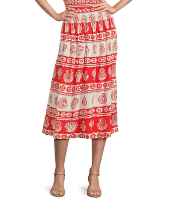 I.N. San Francisco Seashell-Stripe Pattern Mid Rise Smocked Waist Coordinating Midi Skirt