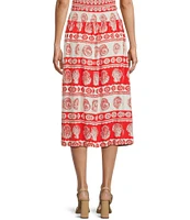 I.N. San Francisco Seashell-Stripe Pattern Mid Rise Smocked Waist Coordinating Midi Skirt