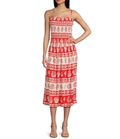 I.N. San Francisco Seashell-Stripe Pattern Mid Rise Smocked Waist Coordinating Midi Skirt