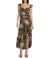 I.N. San Francisco Sleeveless V-Neck Flutter Floral Hi-Low Dress