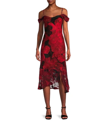 I.N. San Francisco Floral Print Cowl Neck Spaghetti Strap Cold Shoulder Midi Side Slit Dress