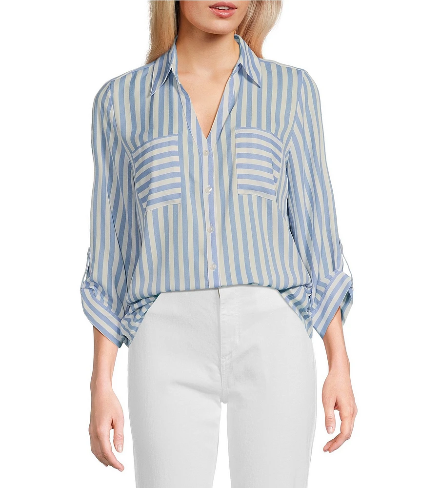 I.N. San Francisco Striped Collared 3/4 Roll Tab Sleeve Button-Front Shirt