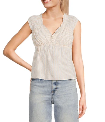 I.N. San Francisco Striped V-Neck Flutter Sleeve Baby Doll Top