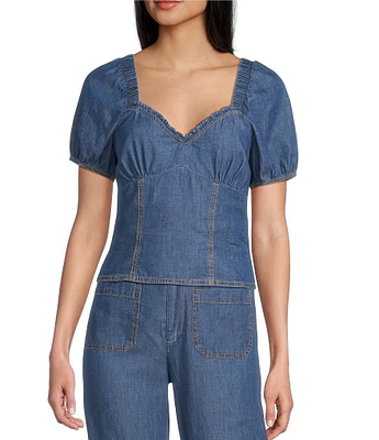 I.N. San Francisco Sweetheart Ruffle Neck Short Sleeve Cropped Coordinating Denim Top