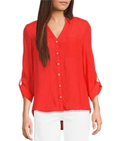I.N. San Francisco Textured Woven 3/4 Roll Tab Sleeve Patch Pocket Button Front Shirt
