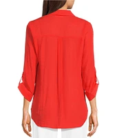 I.N. San Francisco Textured Woven 3/4 Roll Tab Sleeve Patch Pocket Button Front Shirt