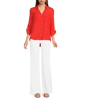 I.N. San Francisco Textured Woven 3/4 Roll Tab Sleeve Patch Pocket Button Front Shirt