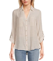 I.N. San Francisco Textured Woven 3/4 Roll Tab Sleeve Patch Pocket Button Front Shirt