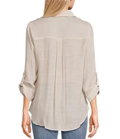 I.N. San Francisco Textured Woven 3/4 Roll Tab Sleeve Patch Pocket Button Front Shirt