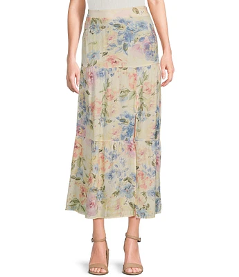 I.N. San Francisco Watercolor Floral Print Tiered Side Slit Maxi Skirt
