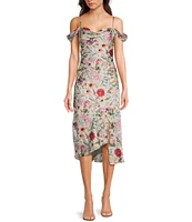 I.N. San Francisco Wildflower Print Off The Shoulder Spaghetti Strap Cowl Neck Midi Slit Dress