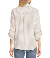 I.N. San Francisco Woven Stripe 3/4 Sleeve Roll Tab Sleeve Button Front Shirt