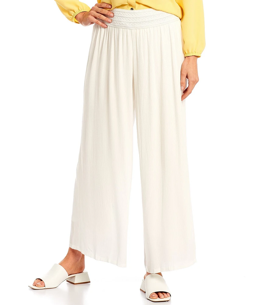 I.N. Studio Petite Size Solid Crepon Novelty Elastic Waist Wide Leg Pull-On Pants