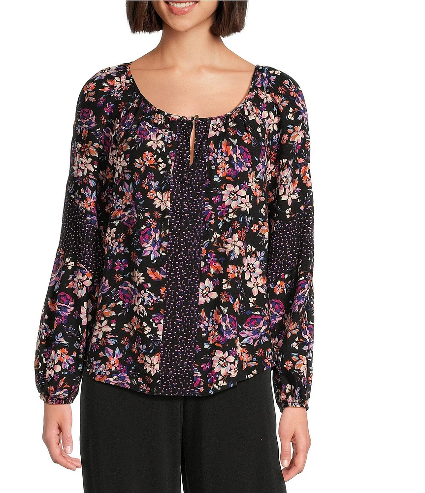 I.N. Studio Woven Mixed Print Crew Neck Long Sleeve Top
