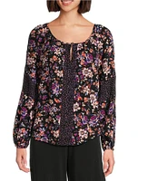I.N. Studio Woven Mixed Print Crew Neck Long Sleeve Top