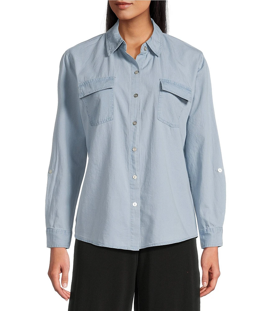 I.N. Studio Woven Point Collar Long Roll-Tab Sleeve Tie-Front Chambray Washed Shirt