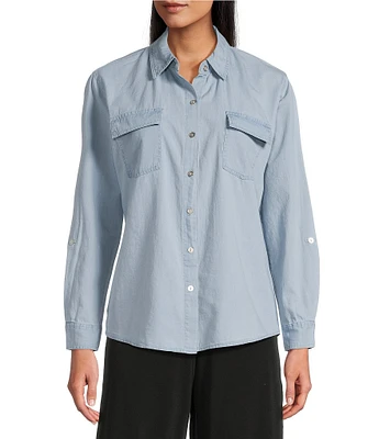 I.N. Studio Woven Point Collar Long Roll-Tab Sleeve Tie-Front Chambray Washed Shirt