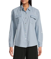 I.N. Studio Woven Point Collar Long Roll-Tab Sleeve Tie-Front Chambray Washed Shirt