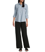 I.N. Studio Woven Point Collar Long Roll-Tab Sleeve Tie-Front Chambray Washed Shirt