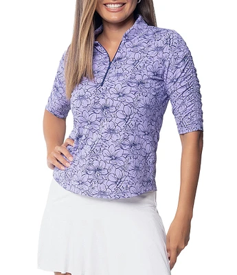 IBKUL Diana Floral Print 1/4 Zip Mandarin Collar Ruched Elbow Sleeve Top
