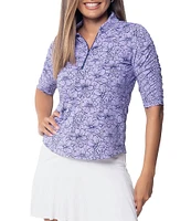 IBKUL Diana Floral Print 1/4 Zip Mandarin Collar Ruched Elbow Sleeve Top