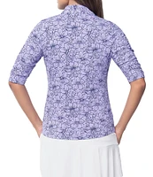 IBKUL Diana Floral Print 1/4 Zip Mandarin Collar Ruched Elbow Sleeve Top