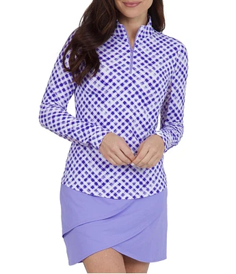 IBKUL Gingham Check Printed Long Sleeve Quarter Zip Top