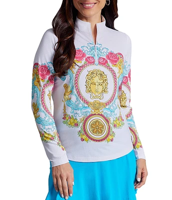 IBKUL Lala Print 1/4 Zip Mock Neck Long Sleeve Top