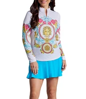 IBKUL Lala Print 1/4 Zip Mock Neck Long Sleeve Top
