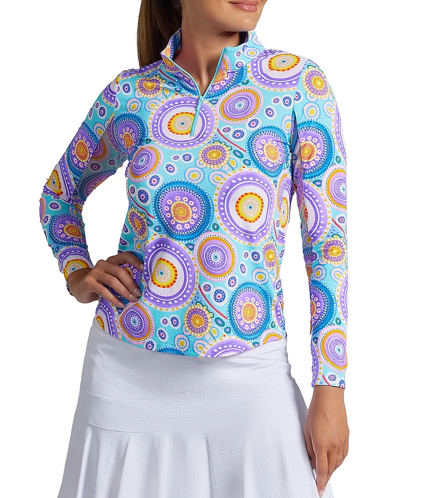 IBKUL Leona Print Zip Mock Neck Long Sleeve Top