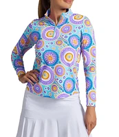IBKUL Leona Print Zip Mock Neck Long Sleeve Top