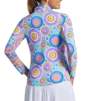 IBKUL Leona Print Zip Mock Neck Long Sleeve Top