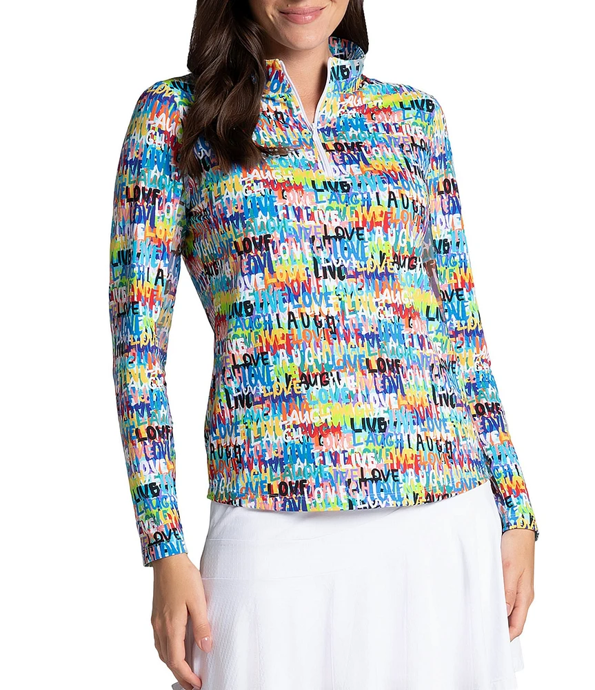 IBKUL Love Print Zip Mock Neck Long Sleeve Top