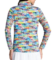 IBKUL Love Print Zip Mock Neck Long Sleeve Top