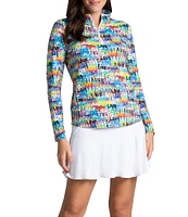 IBKUL Love Print Zip Mock Neck Long Sleeve Top