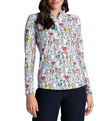 IBKUL Millie Heart Print 1/4 Mock Neck Long Sleeve Top