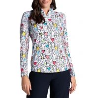 IBKUL Millie Heart Print 1/4 Mock Neck Long Sleeve Top