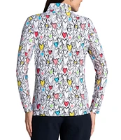 IBKUL Millie Heart Print 1/4 Mock Neck Long Sleeve Top