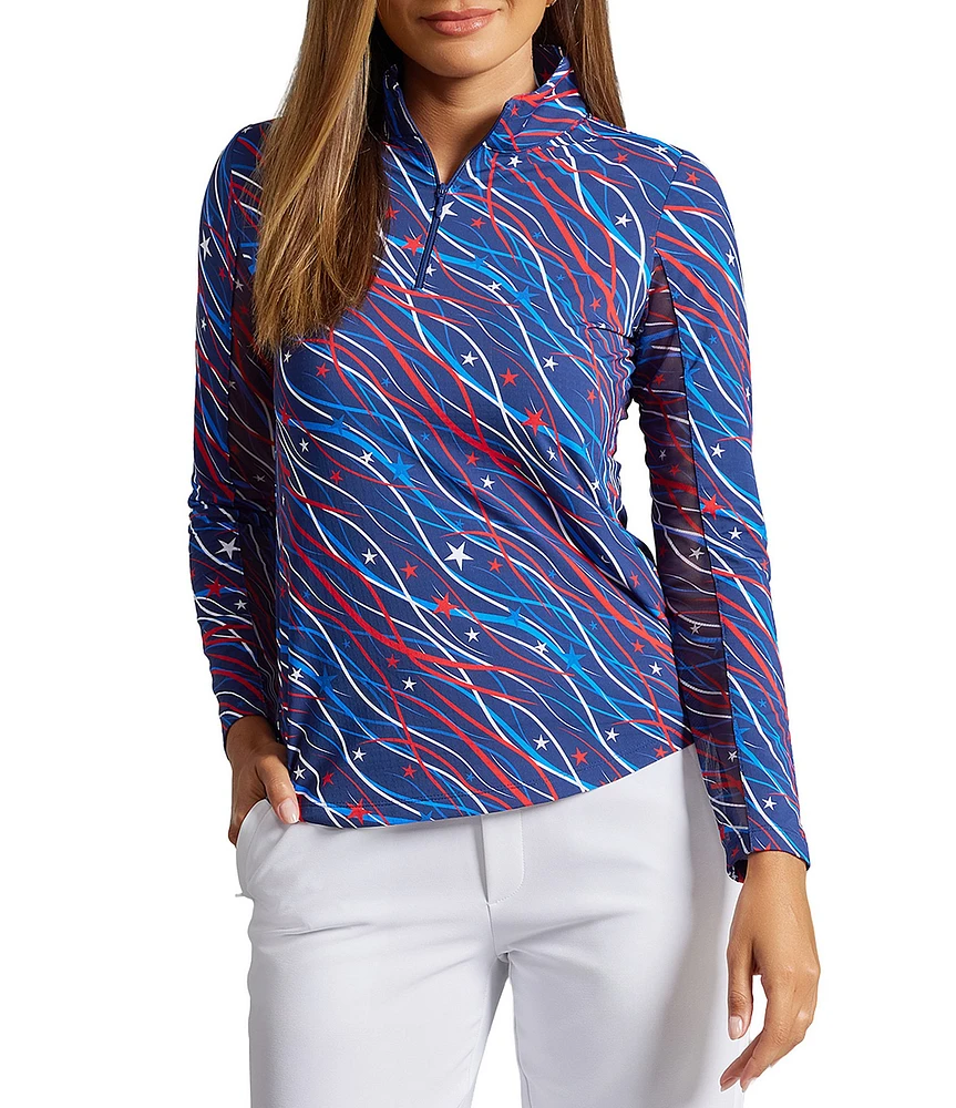 IBKUL Patriotic Confetti Print Zip Mock Neck Long Sleeve Pullover