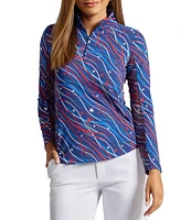IBKUL Patriotic Confetti Print Zip Mock Neck Long Sleeve Pullover