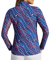 IBKUL Patriotic Confetti Print Zip Mock Neck Long Sleeve Pullover