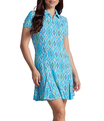 IBKUL Romina Print Zip Polo Collar Short Sleeve Godet Hem Dress