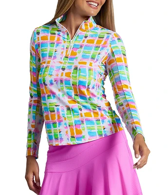 IBKUL Tatiana Print 1/4 Zip Mock Neck Long Sleeve Top